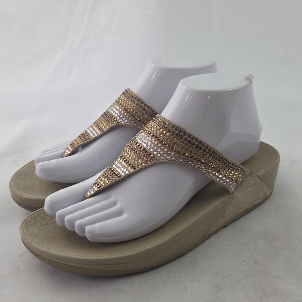 FitFlop Sandals Womens 7 Beige Gold Suede Rhinestone Y2K Glam Resort Chic Boho
